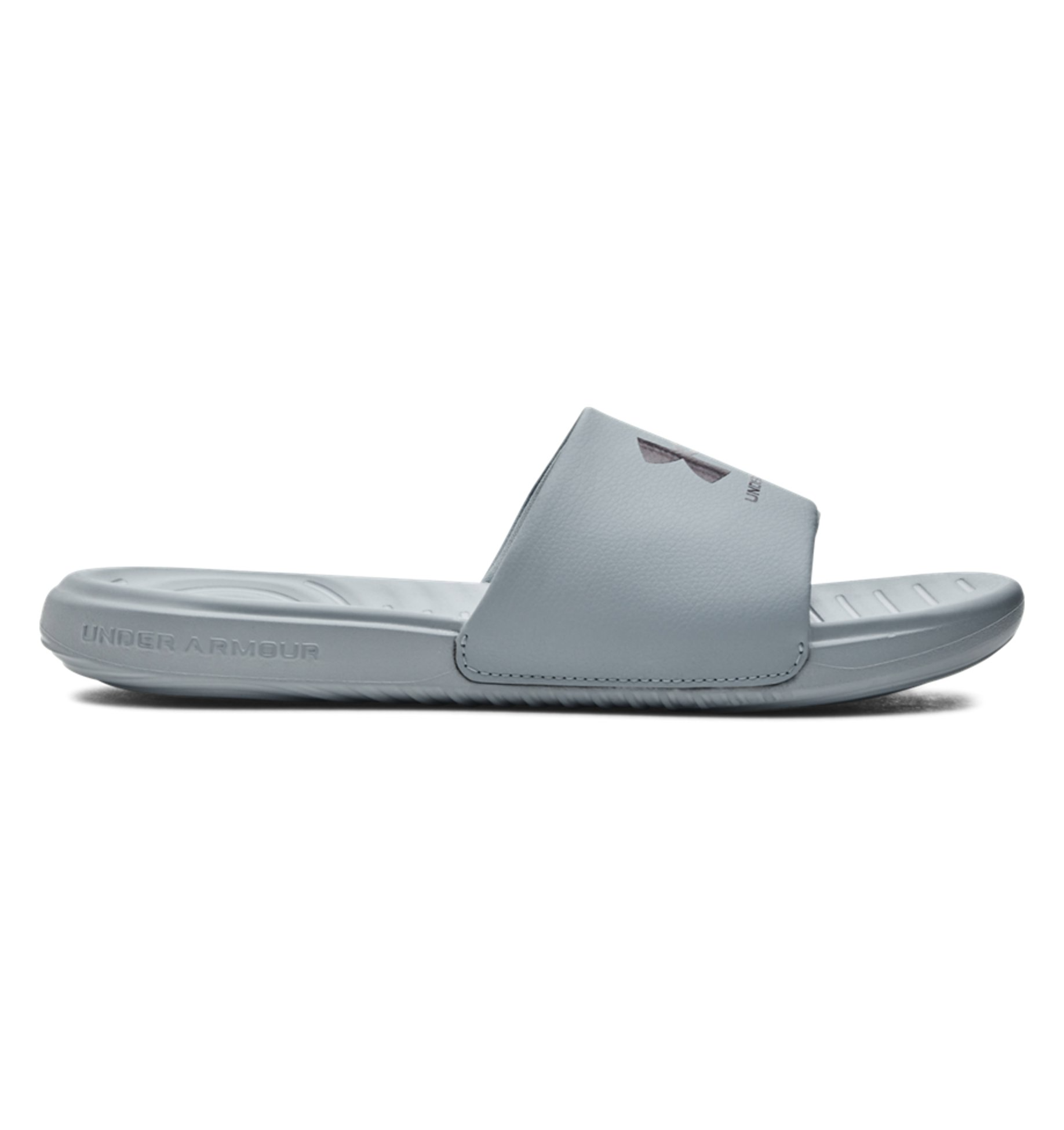 Under Armour UA Ansa Fixed Slides in light gray, featuring a comfortable fixed strap and durable EVA outsole for athletes.